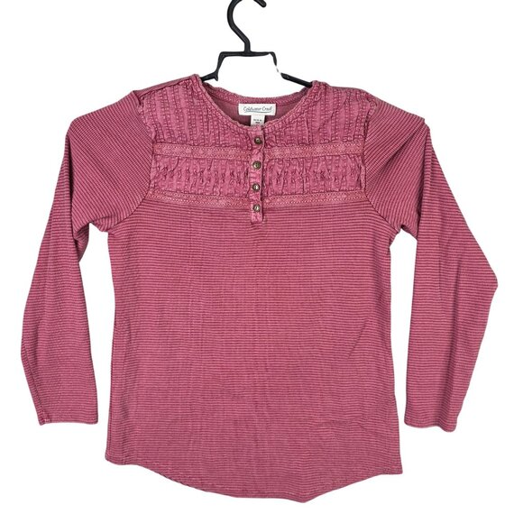 Womens Coldwater Creek Red Textured Top 1/4 Button Long Sleeve Cotton Size S - Picture 1 of 8